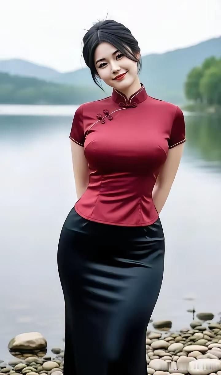 红衣临水红衫凝立水之涯，叠嶂清波入碧纱。静敛风华含雅韵，一襟温婉胜烟霞。
