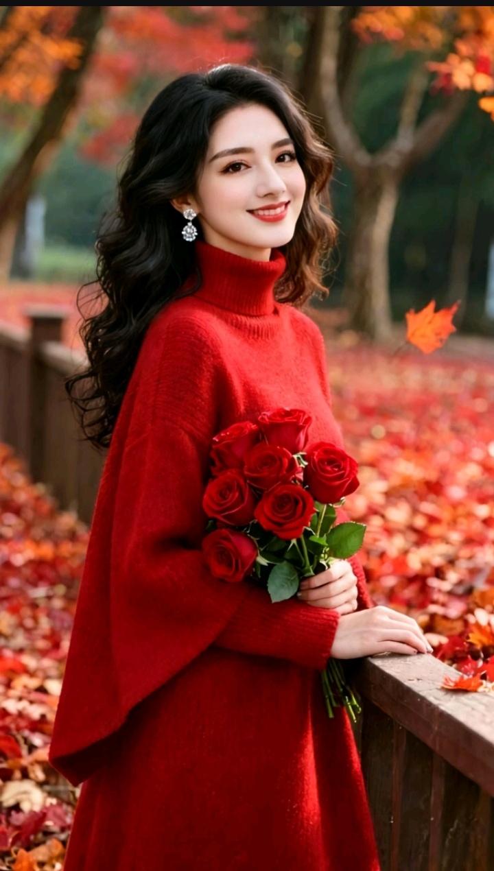 她抱着一束红玫瑰，微笑着看向镜头。中年女人,最渴望什么?“有钱”跟“人品好”，