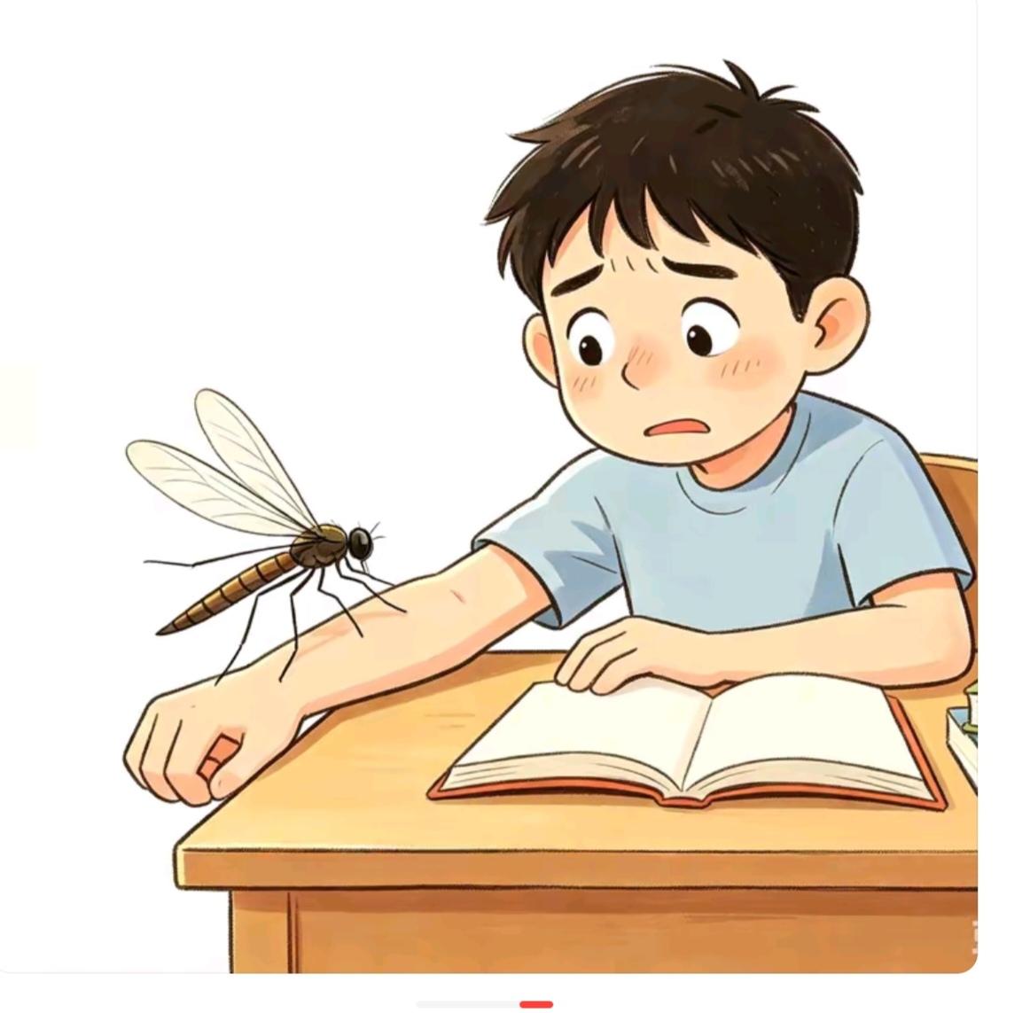 图中画面真给力；一个学生在看书；一个蜻蜓落手臂；谐音猜个成语来。此图确实
