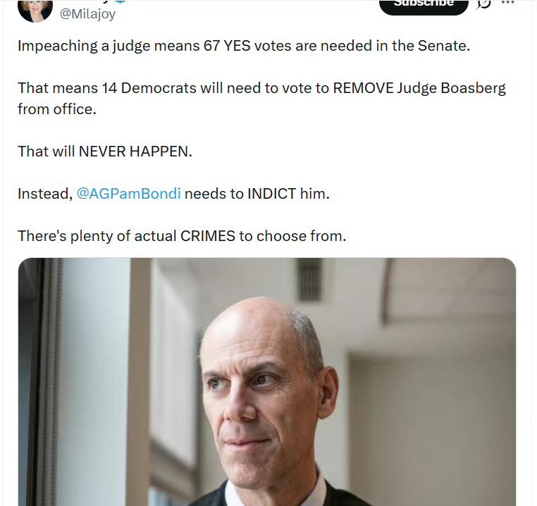 弹劾一名法官，参议院需要67票赞成。这意味着必须有14名民主党参议员投票，才