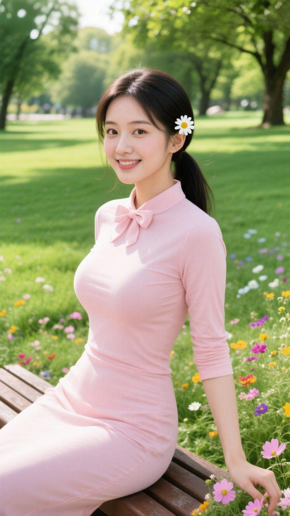 《园光里的粉衫》日光把草地染成软绿，风裹着花气掠过发梢，她耳侧的雏菊随轻颤