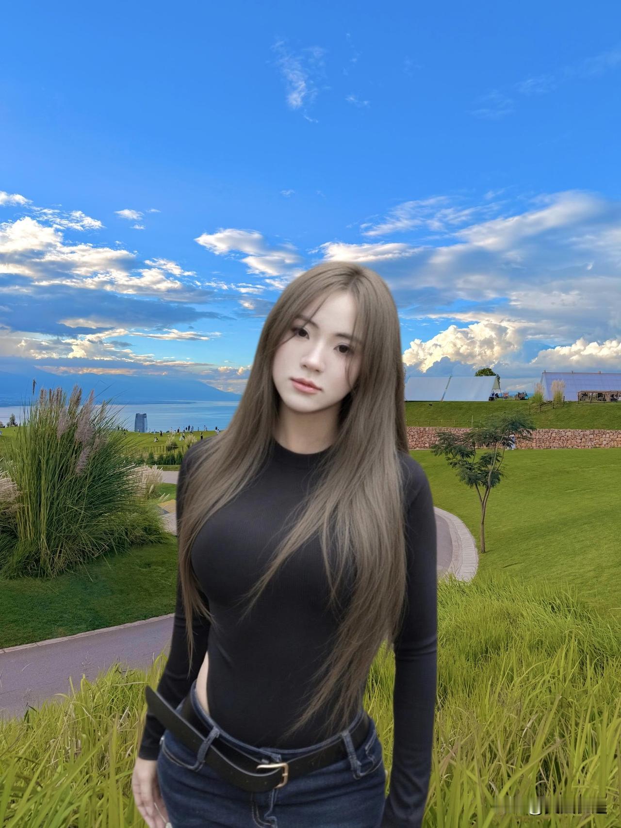 阳光下的黑衣少女，静谧的湖畔风景。