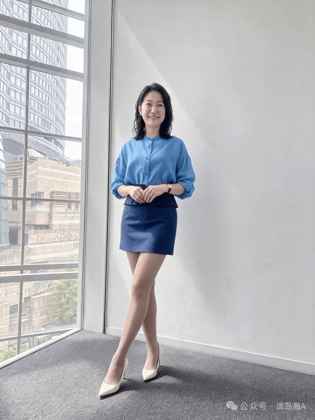 这位女士穿着职业装，站在窗边微笑。