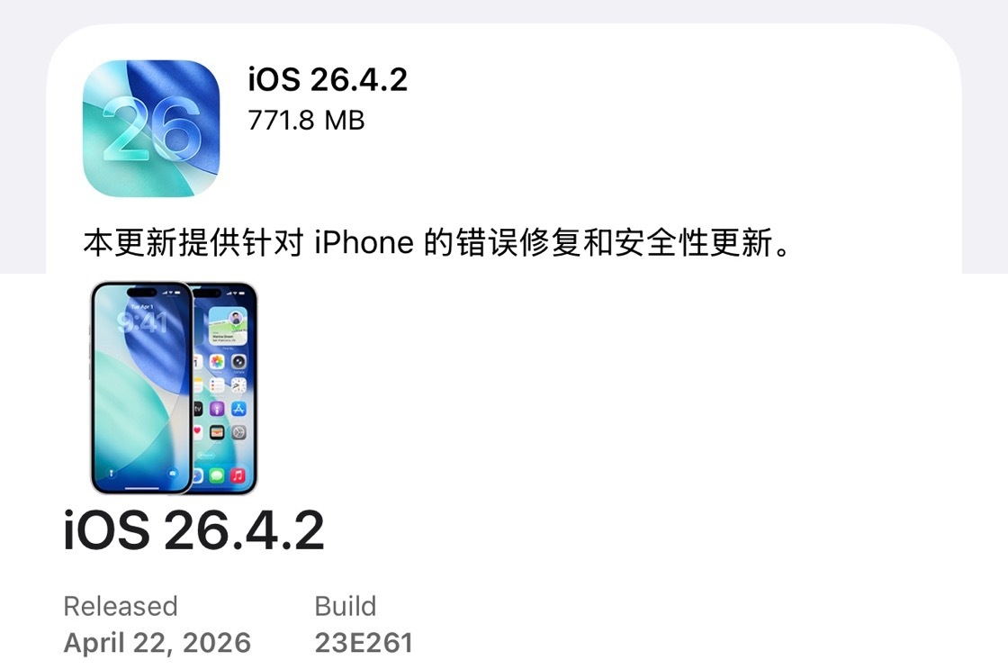 苹果发布了iOS26.4.2正式版，版本号：23E261。