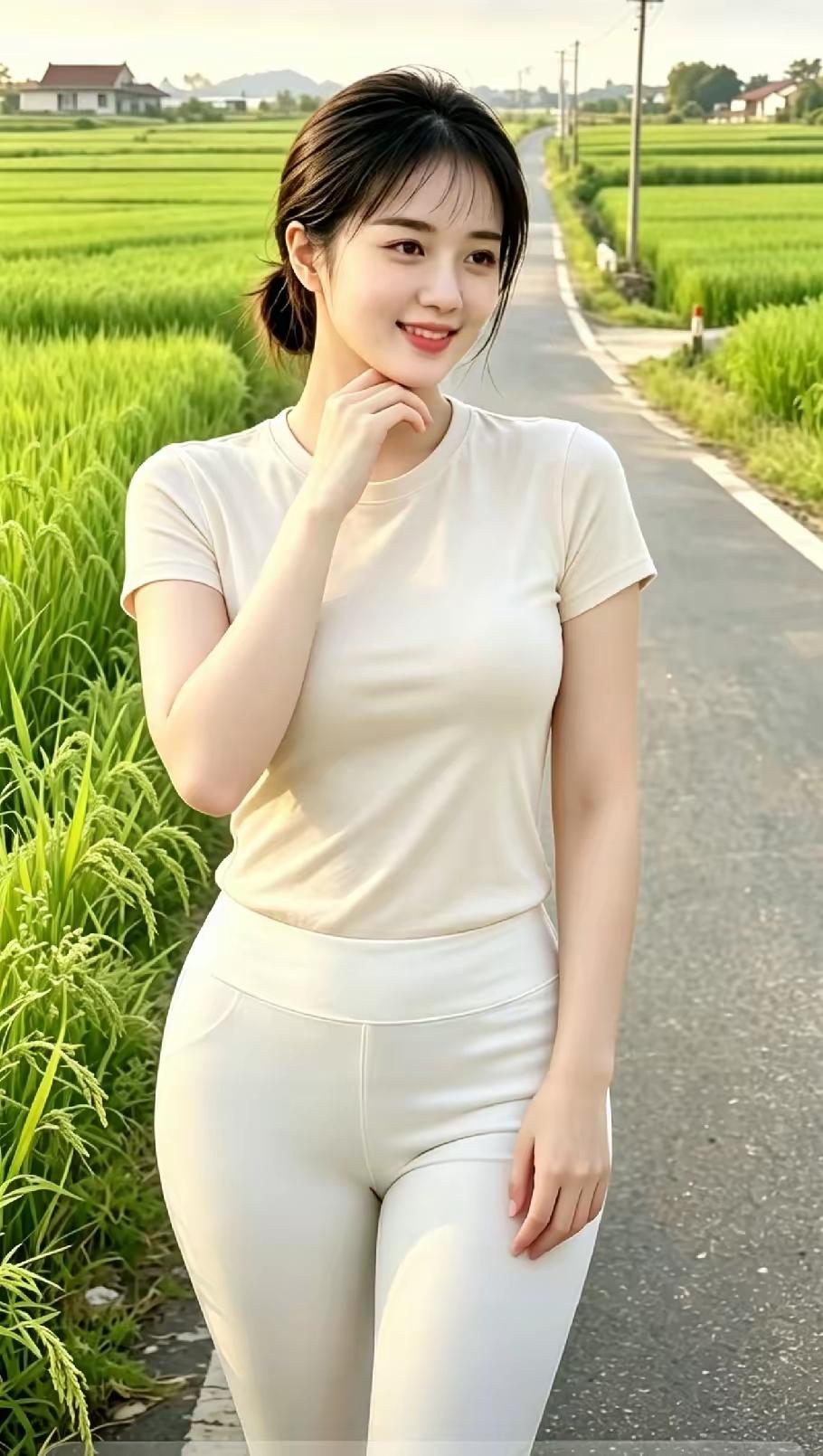 阳光明媚，她在乡间小路上微笑。
