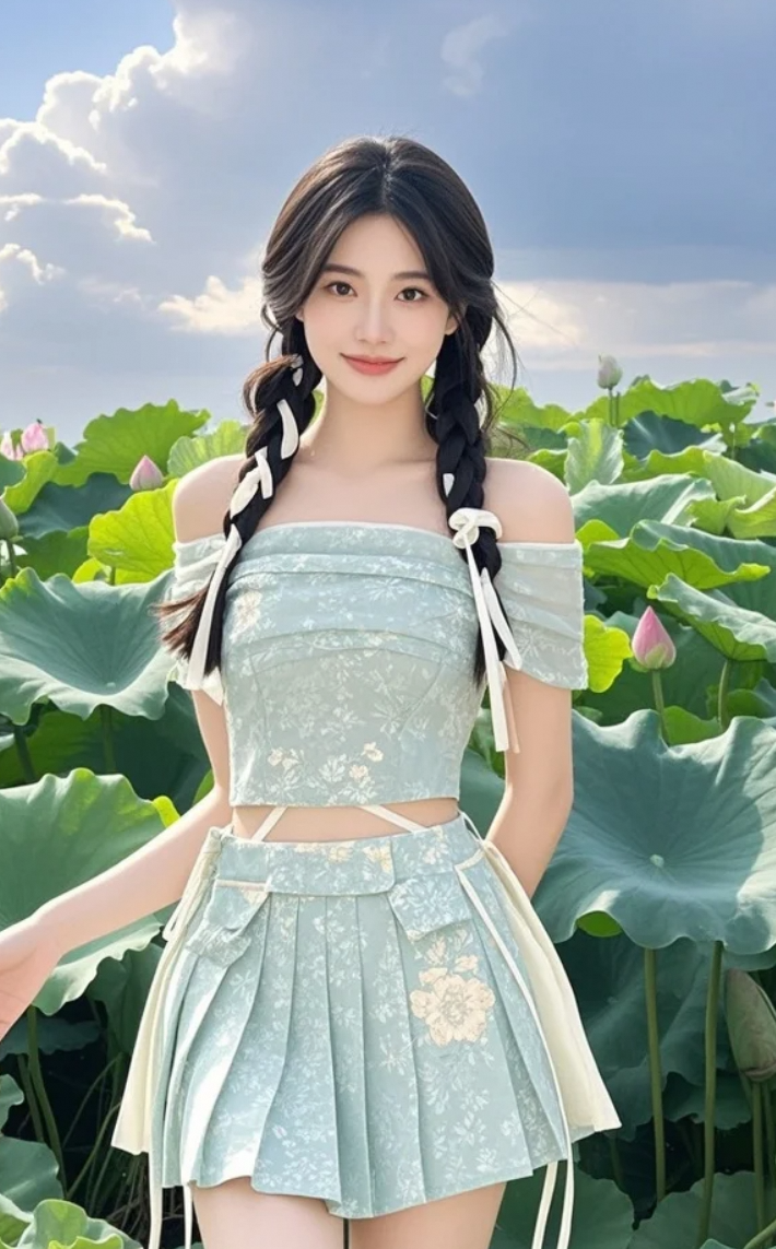 当美女遇上荷花，谁才是池塘的主角？