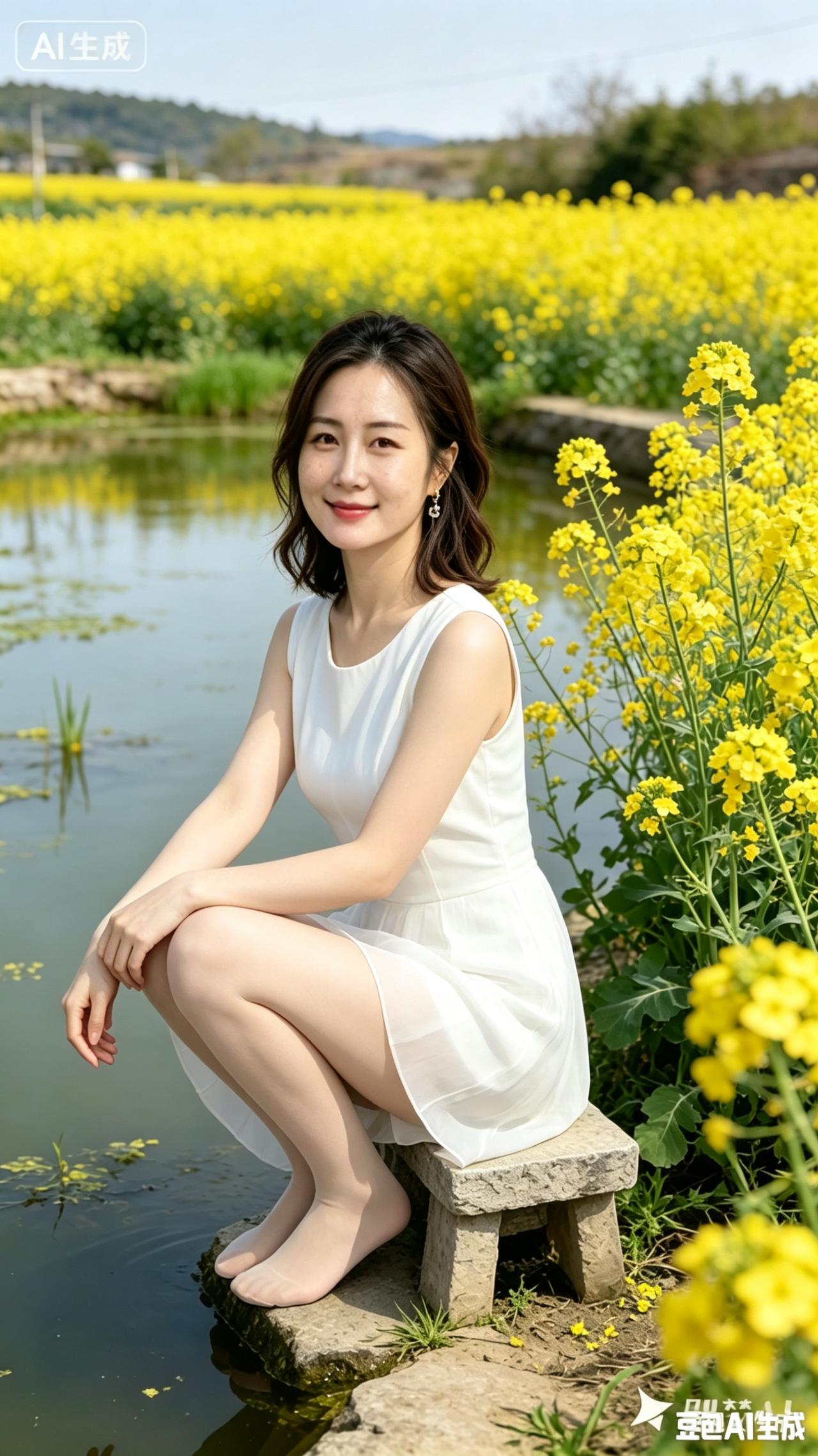 油菜湖畔佳人吟碧水塘旁金浪涌，繁花遍野浴晴晖。素裙飘逸身姿妙，静坐青石韵味深