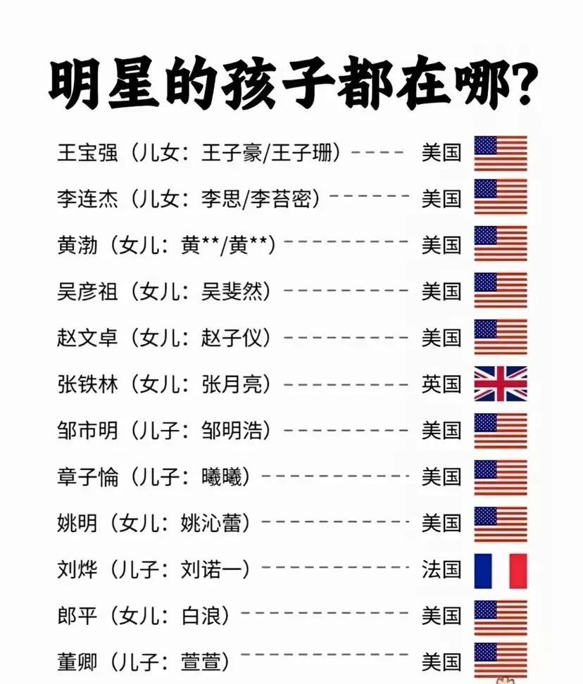 明星的儿女去哪儿了？这张图片罗列了王宝强、李连杰等众多明星及其子女，并标注其子女