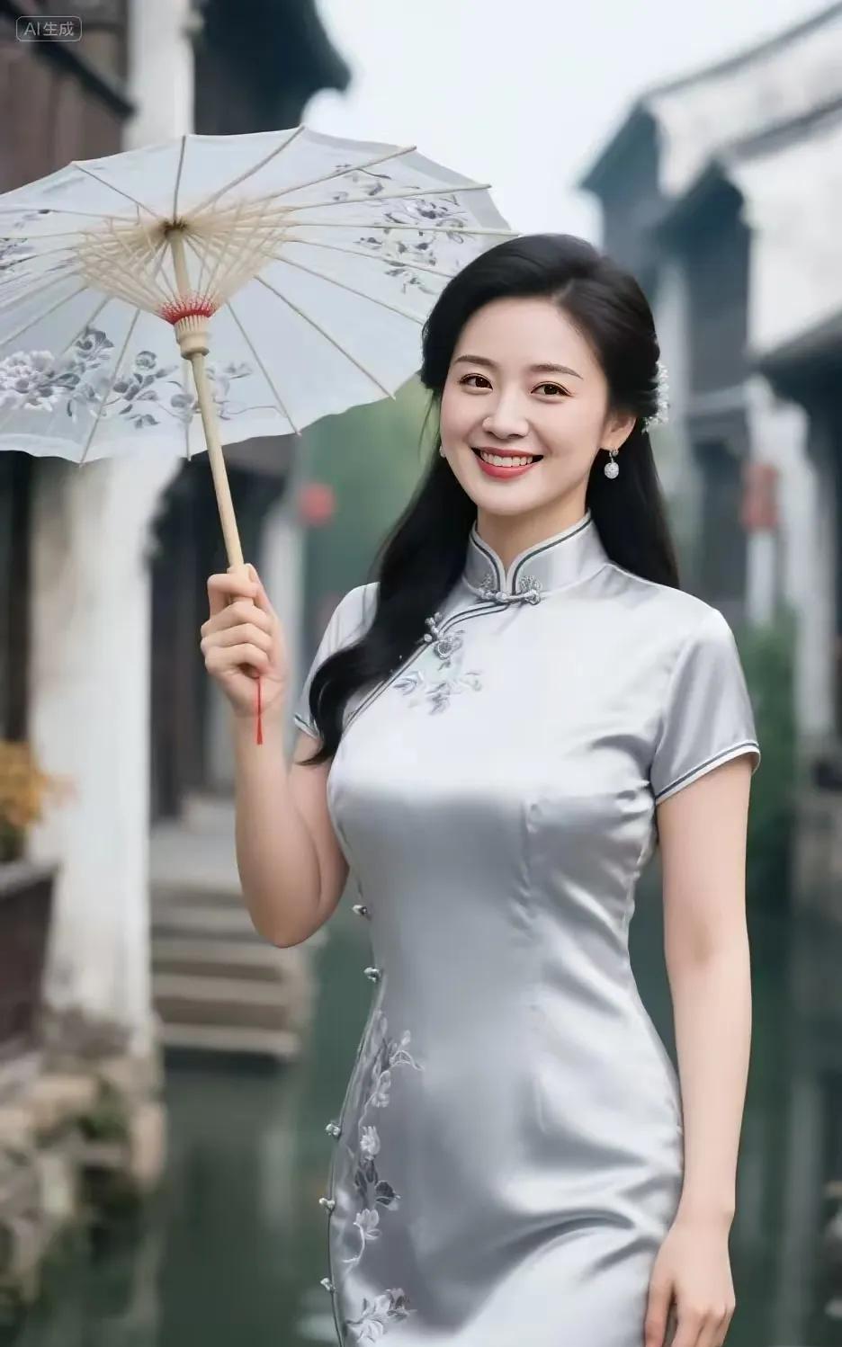 江南旗袍佳人银灰旗袍立水乡，绣伞轻执韵自长。玉骨明眸添浅笑，古风雅态映秋