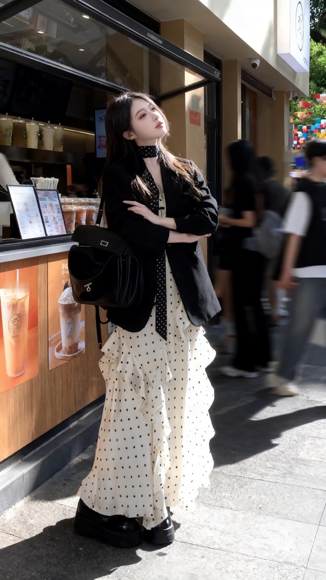 街头甜心风ins穿搭波点裙搭配韩搭韩风穿搭