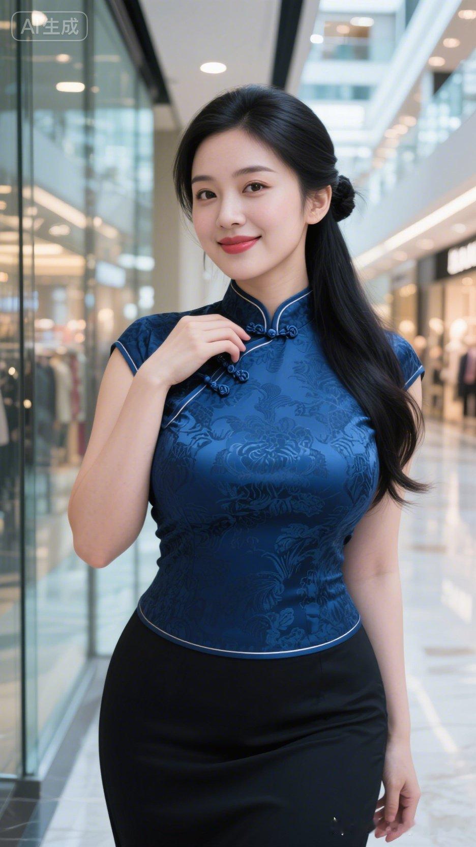 这位女士穿着漂亮的旗袍在商场里。