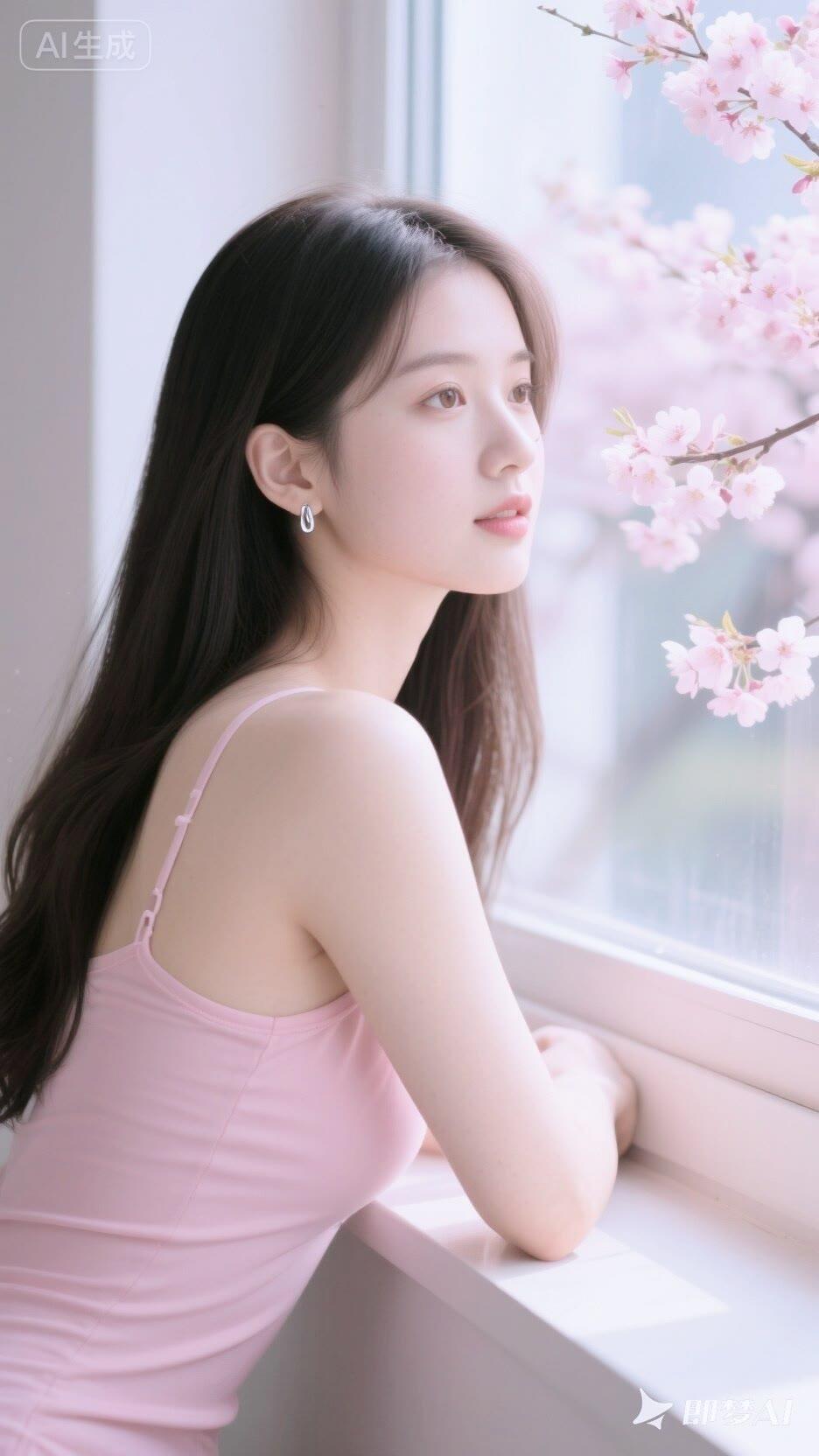 樱花盛开时，少女倚窗沉思，岁月静好。