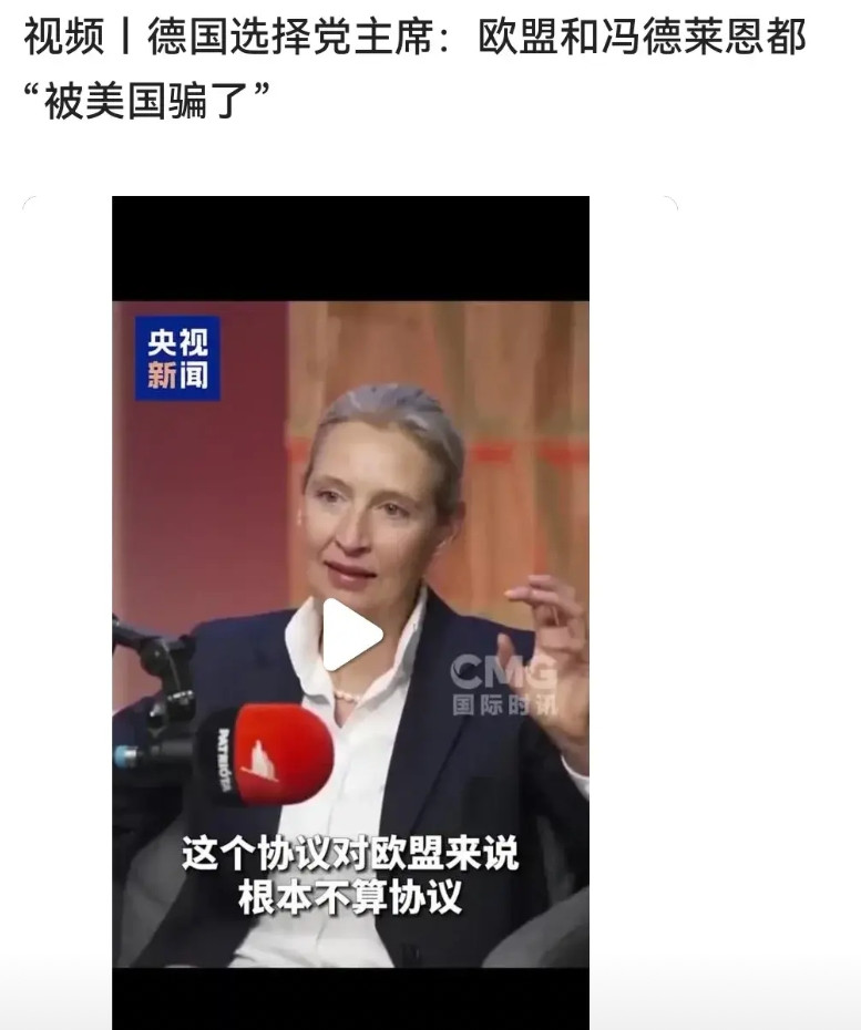 什么被骗了，又不是小女孩，那就是给美国跪了。德国选择党主席：欧盟和冯德莱恩都"