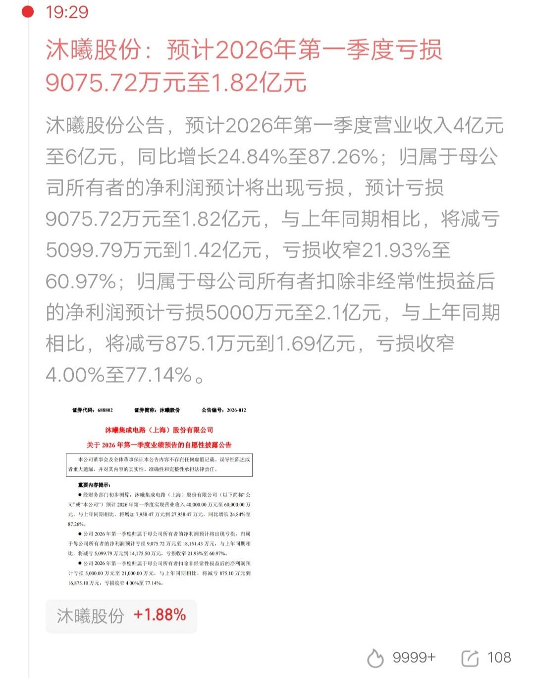 沐曦股份发布了一季报，一句话总结，营收高增利润减亏。营业收入4亿元至6亿元，同比