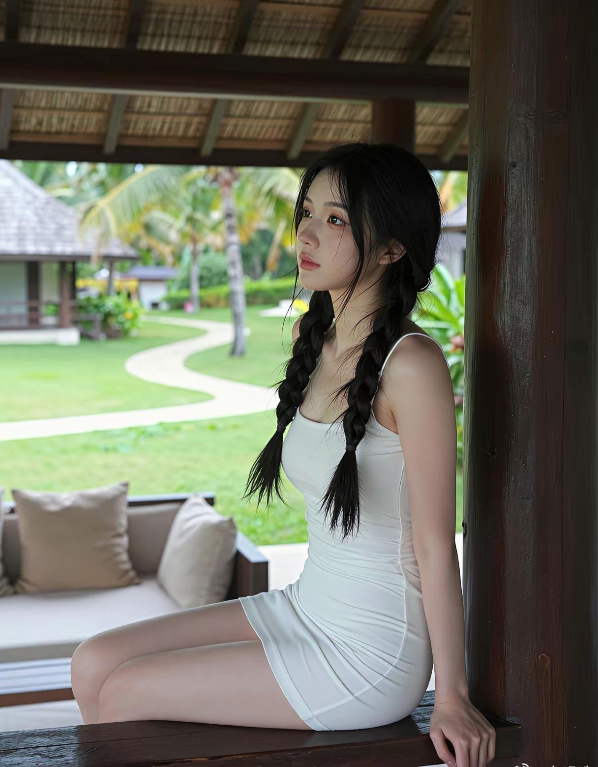 《临江仙·小亭观处》碧瓦青檐遮午日，亭边草色匀铺。素衣斜倚木栏初。辫垂