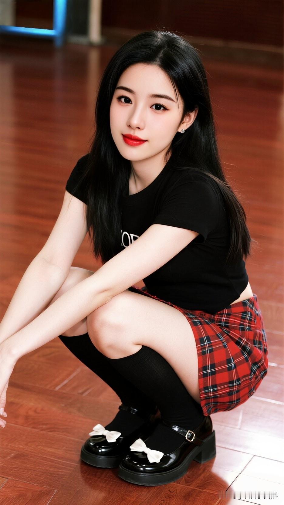 甜美少女风，黑发红唇，红黑格子裙，时尚穿搭！不一样的诱惑。