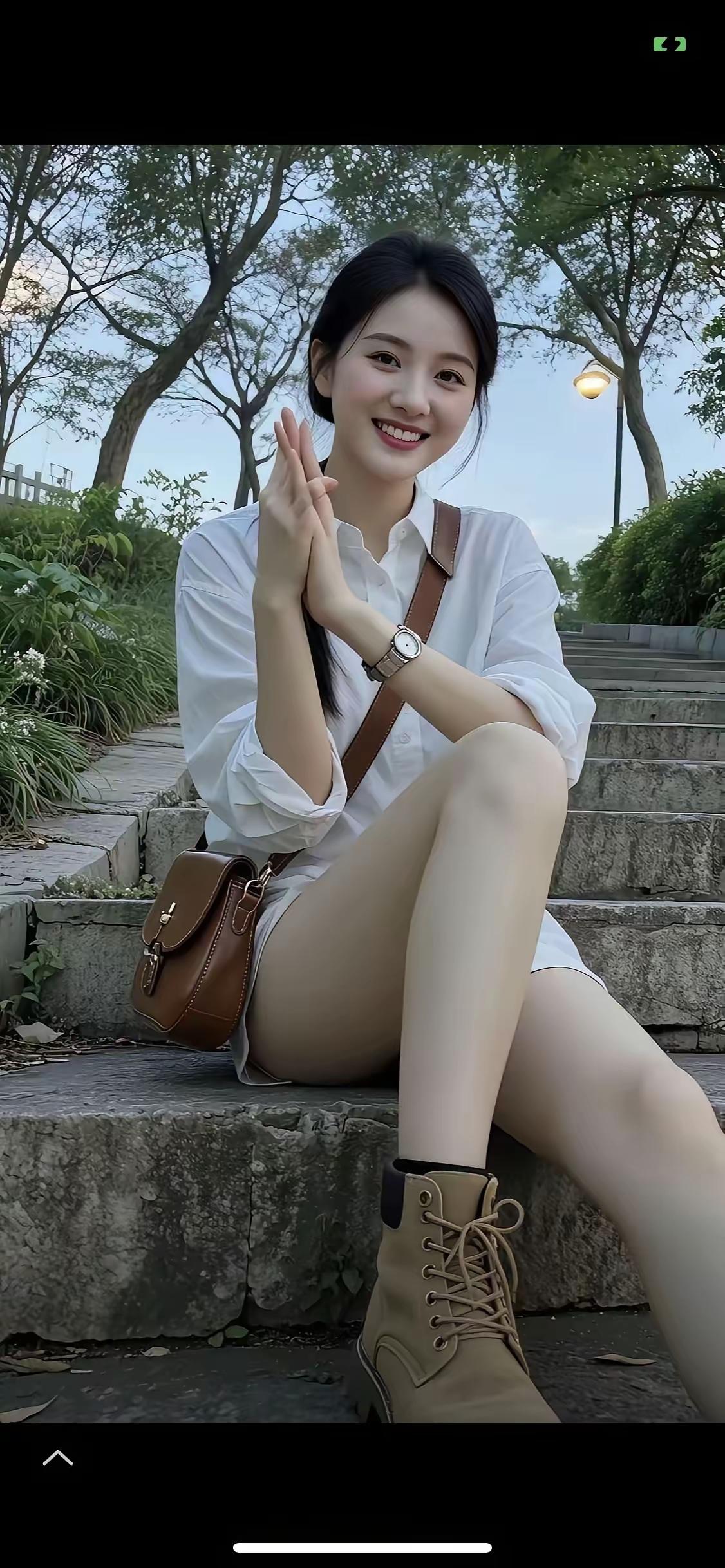 阳光下的甜美笑容，白色衬衫与棕色包包的完美搭配，自然清新的户外氛围。