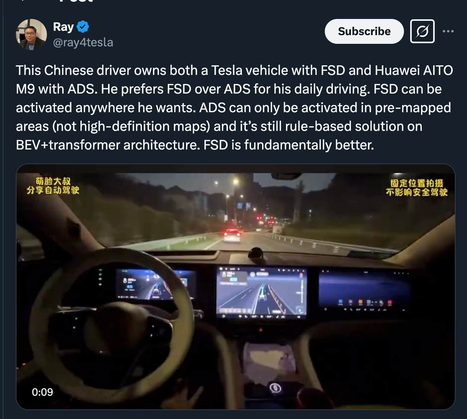 现在x上大量出现在中国测试FSD的视频。而这个哥们不知死活竟然和M9