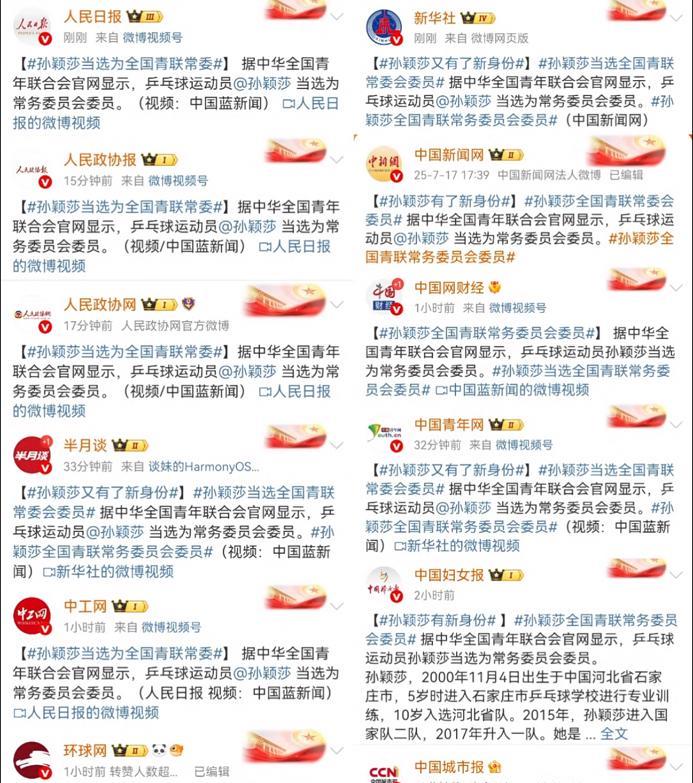 人民日报新华社体育报等各大官媒纷纷报道孙颖莎当选全国青联常委！每一次风口浪