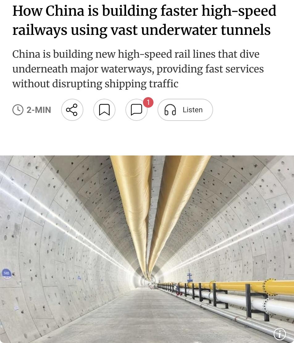 外媒：中国正在建设一条新的高速铁路隧道，穿越长达14公里（约9英里）的长江水域，