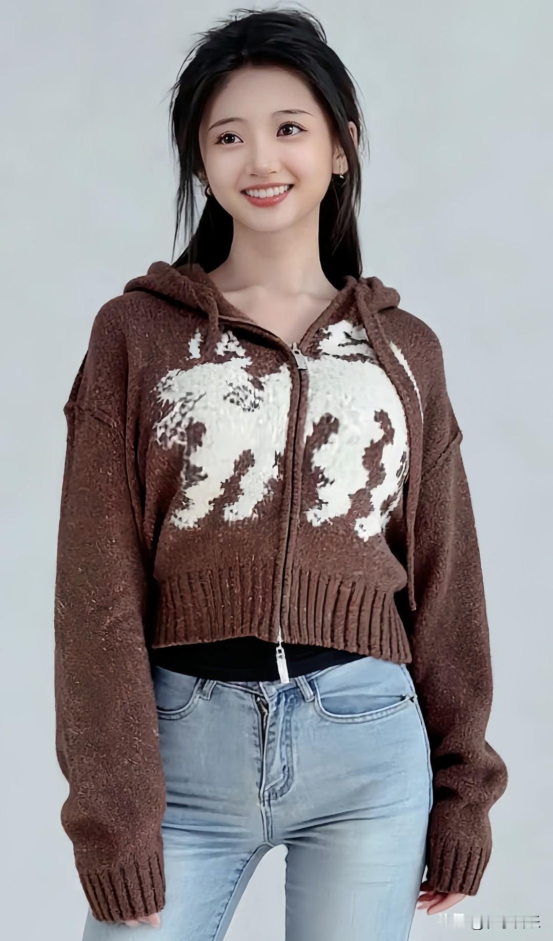 笑颜如花绽，美目盼兮间。甜美少女风穿搭，棕色毛衣搭配牛仔裤，轻松又减龄！😊👗