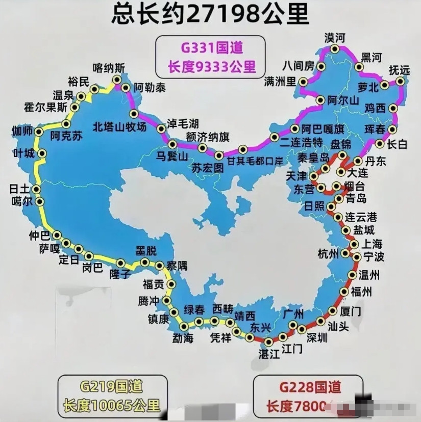环法只能是自行车赛，环中国，需要换成摩托车赛！很难想象，这一圈的道路已经修建