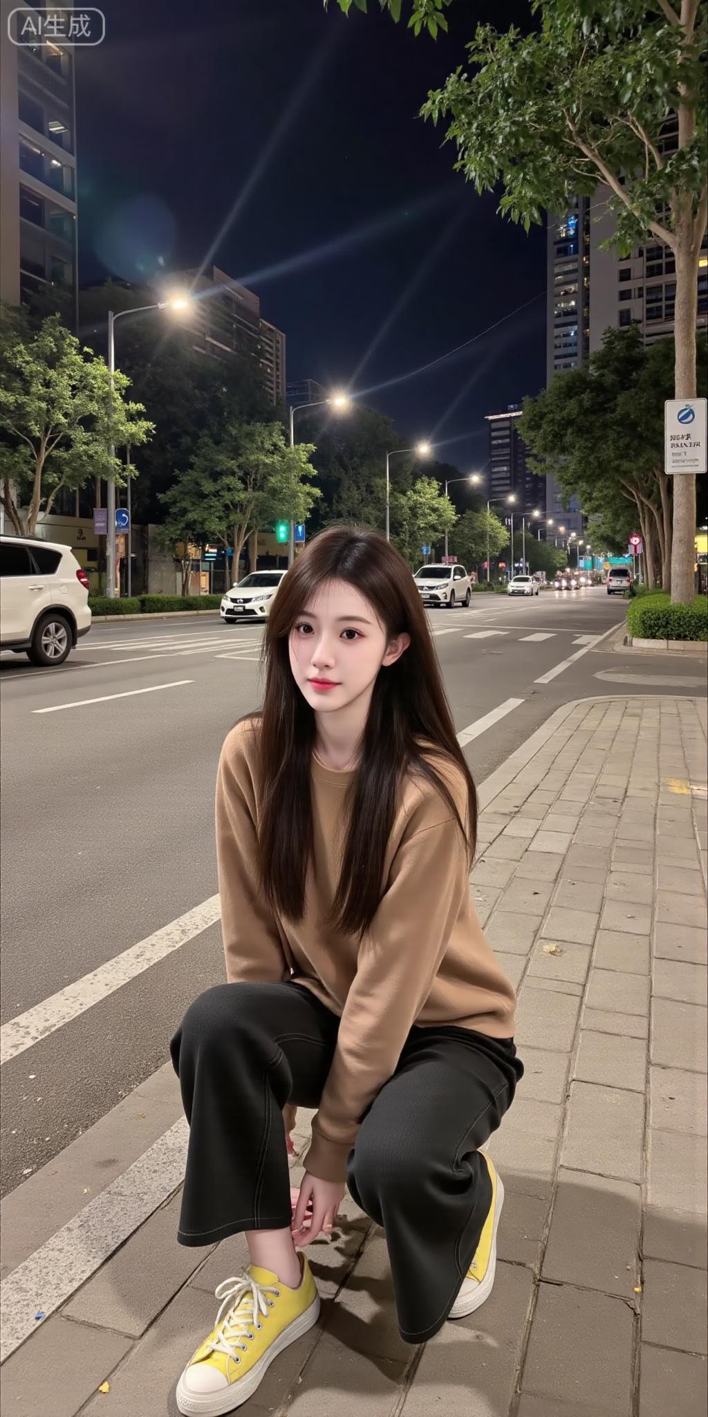 夜街蹲拍，暖棕+亮黄是心动的休闲甜系浅棕系穿搭照粉棕穿搭