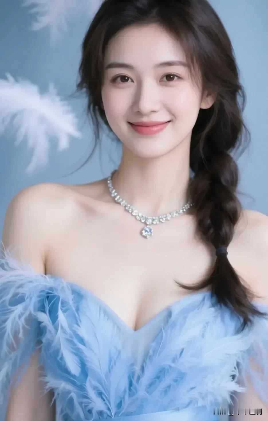 浅蓝羽毛轻裹肩头，钻石项链在颈间流转微光，温柔笑意里，藏着一整个梦幻的午后。