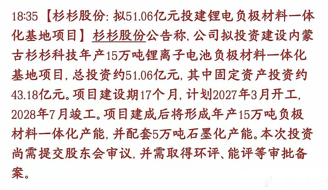 锂电池板块来利好消息了，龙头扩产再次催化板块杉杉股份打算砸51.06亿，在内蒙古