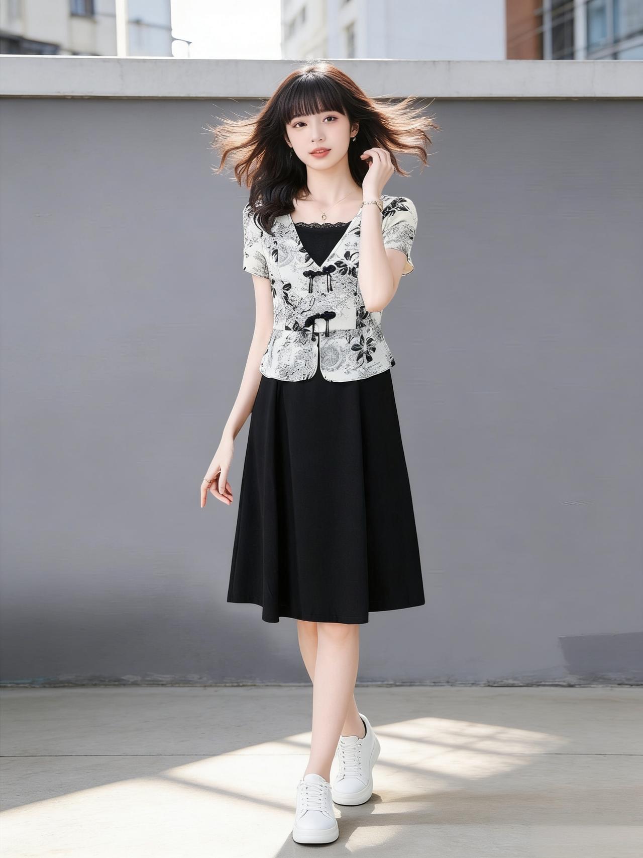 夏日穿搭指南：黑白印花上衣+黑色半身裙，简约又时尚！