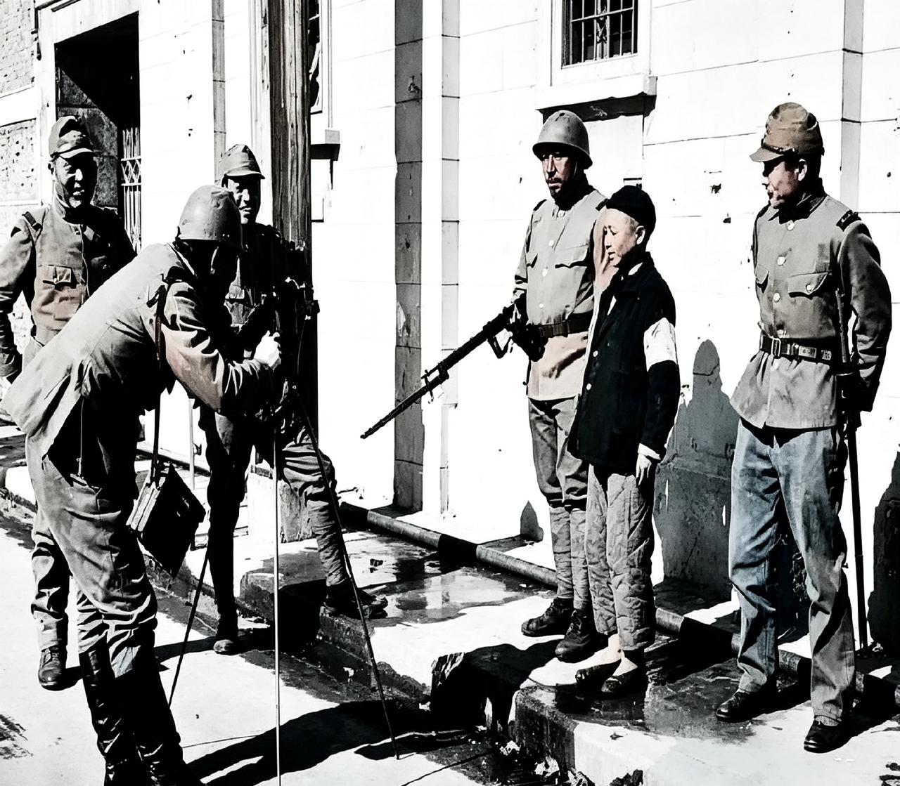 1938年上海沦陷，日军逼着小男孩拍所谓亲善宣传照。一旁刺刀紧紧对着孩子，小孩满