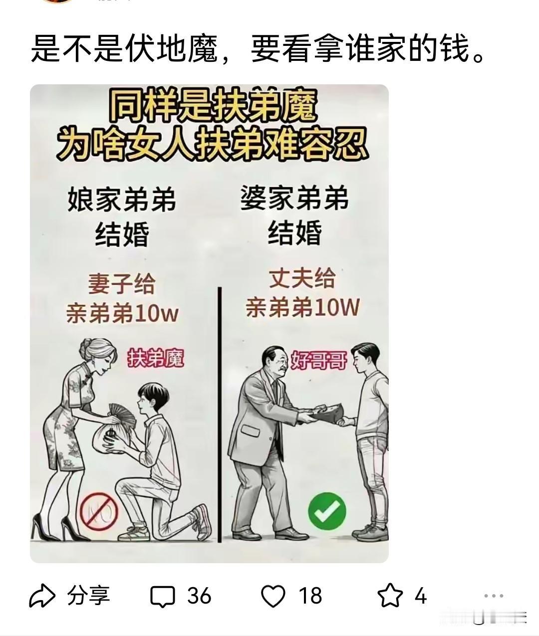 2010年，小舅子要买房，老婆给拿了10万元。2015年弟弟要买房，我给出了10