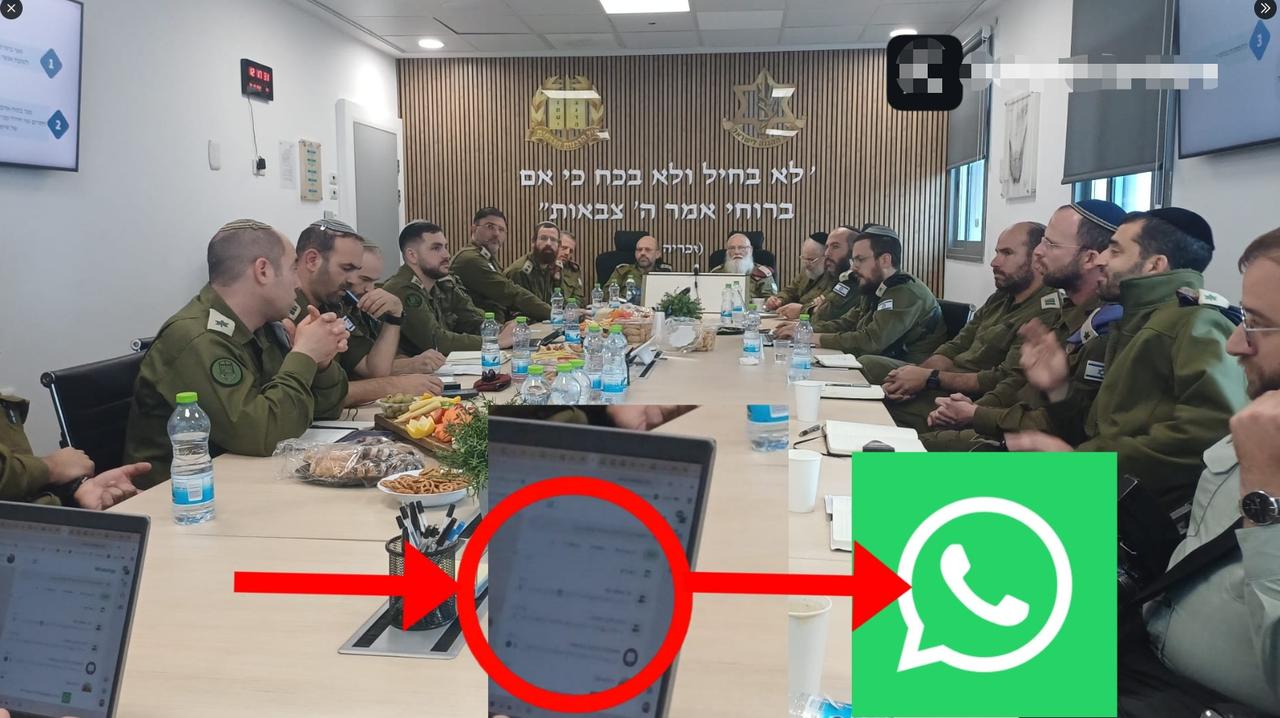 画面中以色列国防军（IDF）的军官们正身处会议室，利用笔记本电脑使用Whats