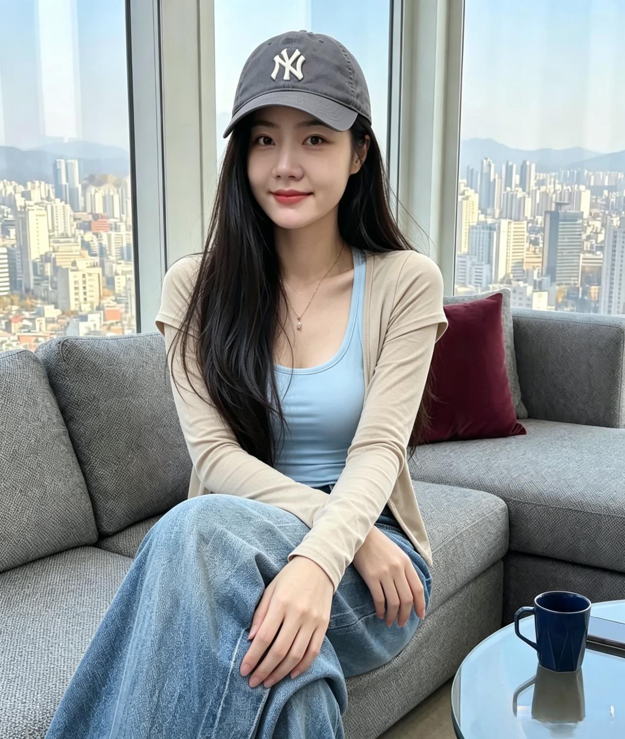 檐外风光软，佳人浅笑温。轻衫衬素影，一帽掩青春。长发随云落，闲姿不染尘。山