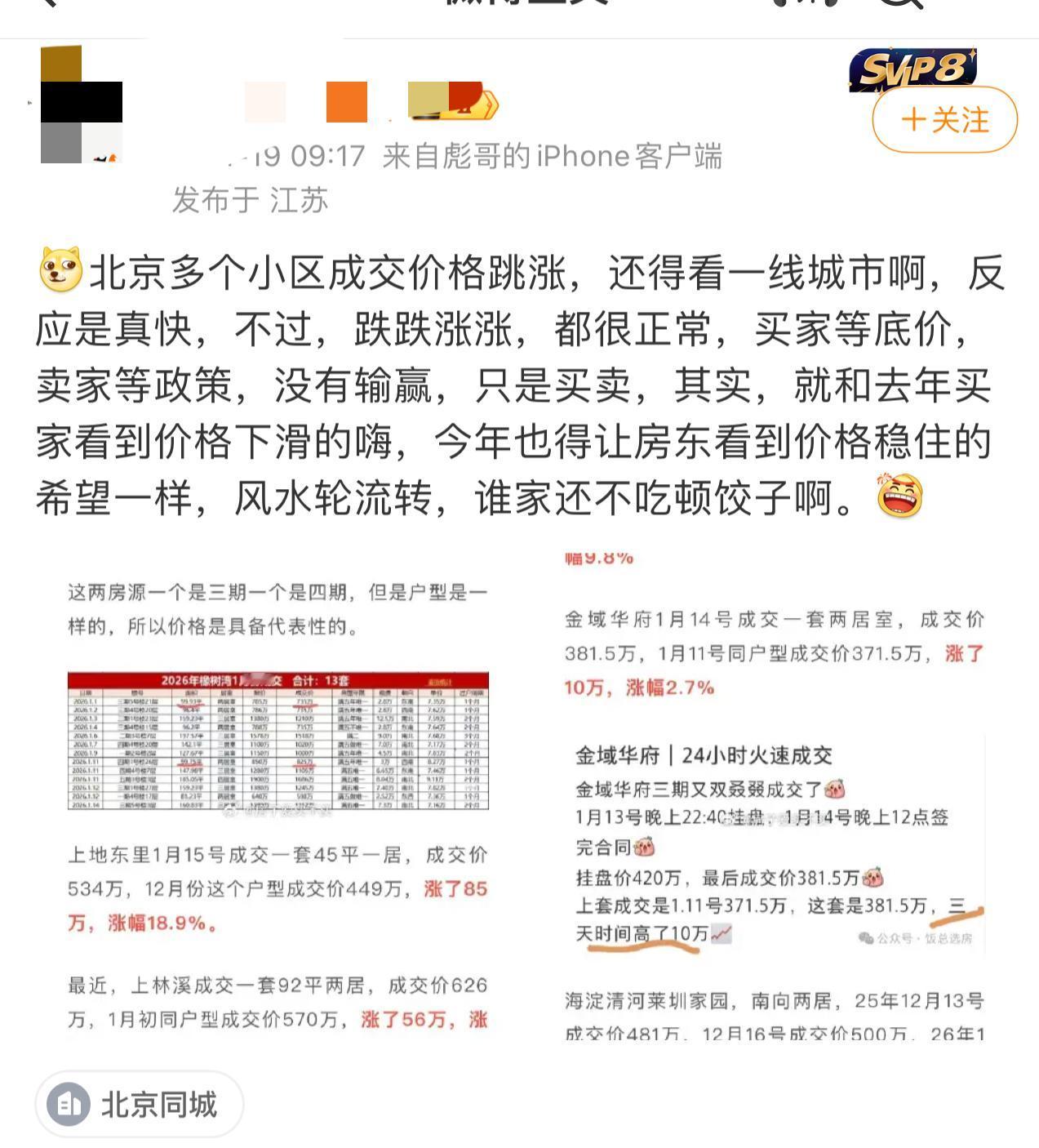 多名网友表示北京多个小区成交价格跳涨。房空们又该说这是个例了。如果到今天，你还