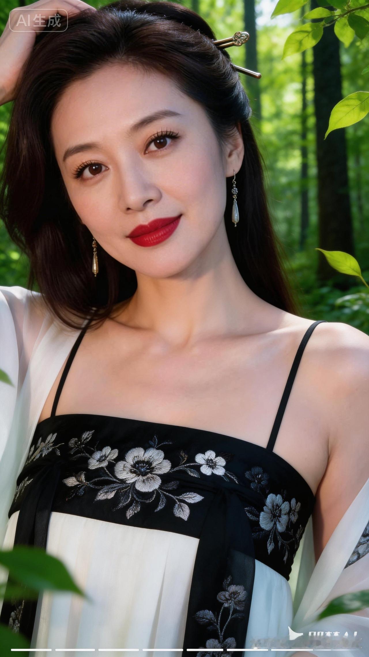 森林中的优雅女神，黑白色调的花朵连衣裙，自然光下的美丽瞬间。