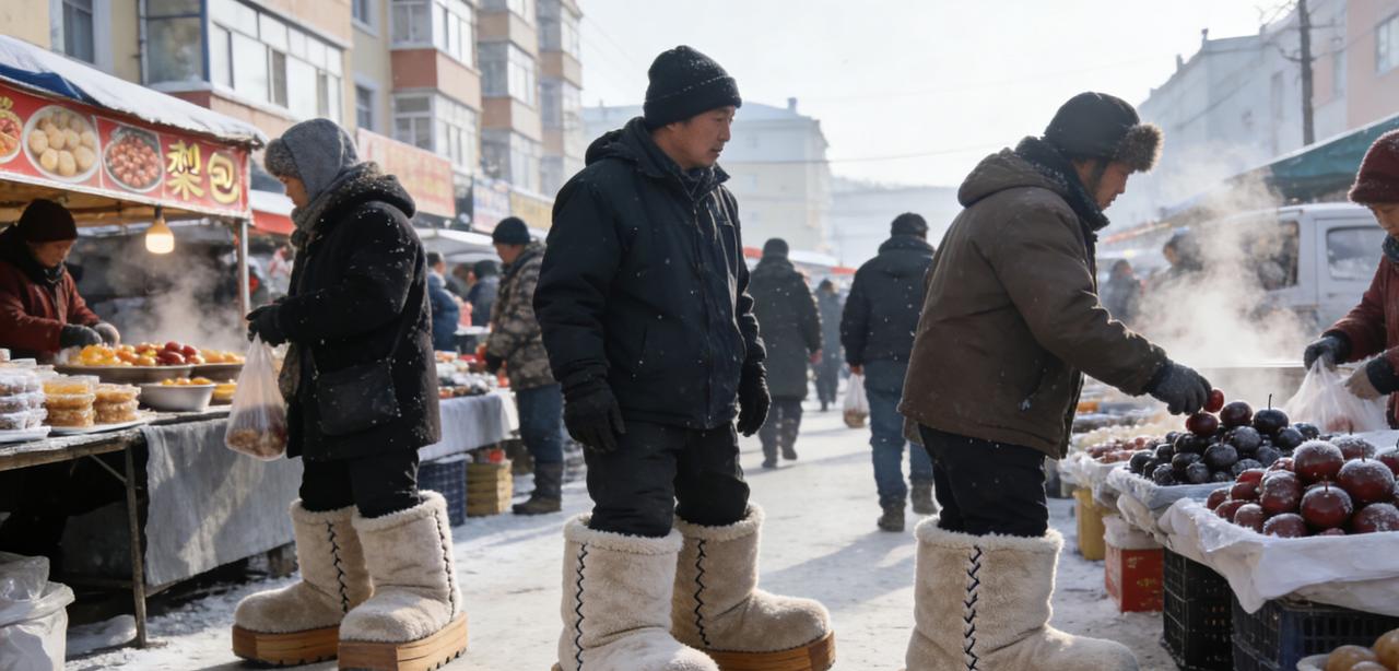 黑河早市的“巨鞋奇观”寒意浸骨的黑河早市上，有一幕奇景总能勾住路人的目光—