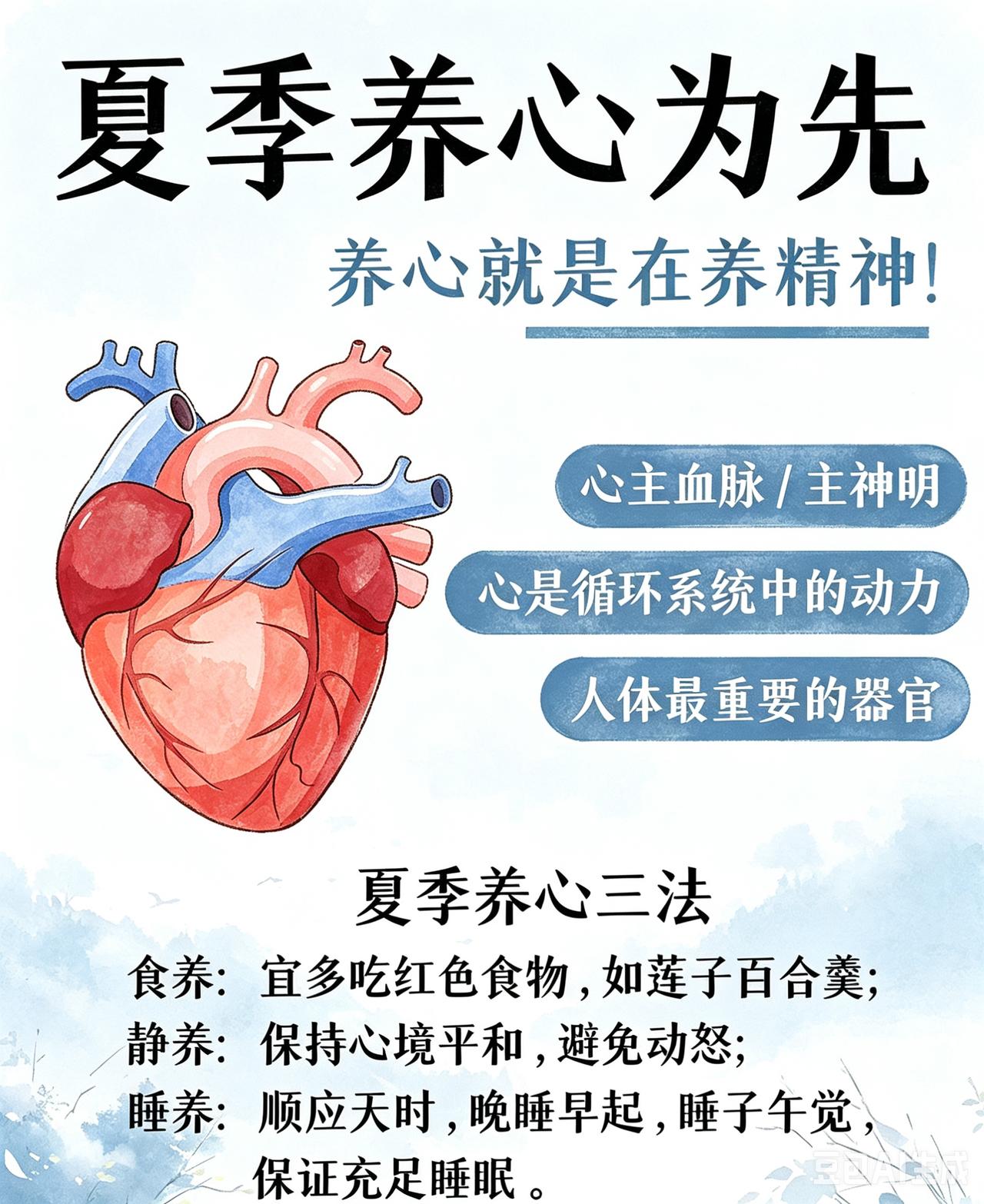 夏天养生，重在养心。心主血脉、主神明，养好心，精神自然好。分享夏季养心三法：