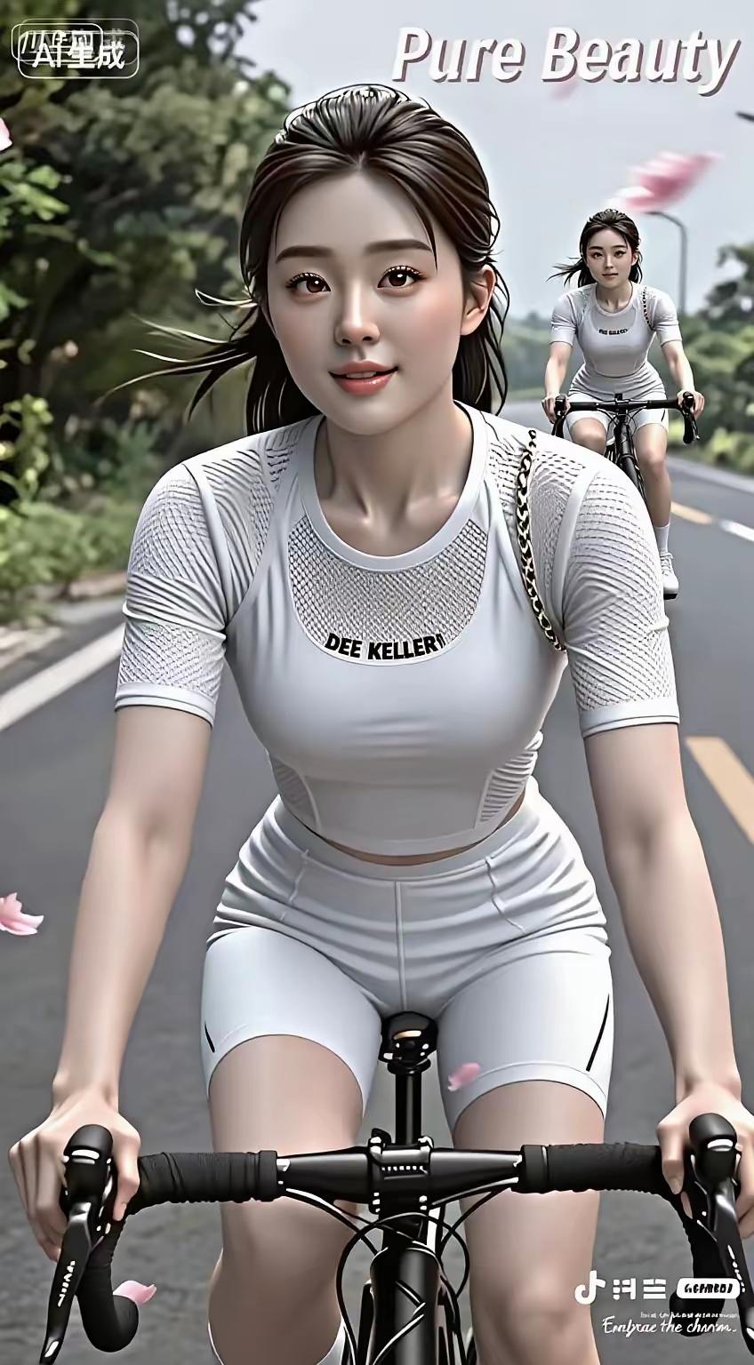 两位美女在乡间小路上骑车。