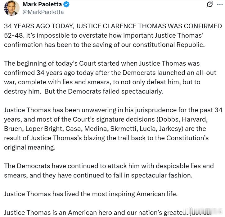 34年前的今天，大法官克拉伦斯·托马斯(ClarenceThomas)以52票