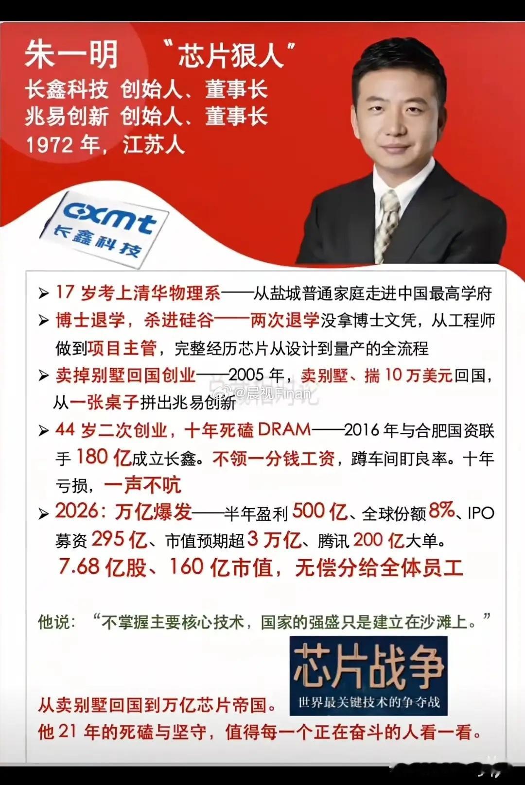 长鑫科技创始人，兆易创新老板，的确是大格局。卖别墅回国创业，10年亏损一声不吭，