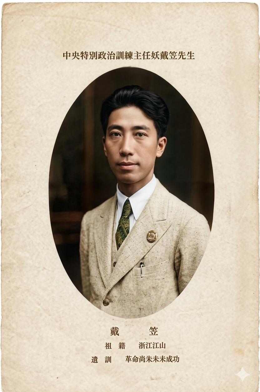 这张照片是戴笠官方人物肖像，照片上的文字“中央特派政治训练主任戴笠先生”，明确戴