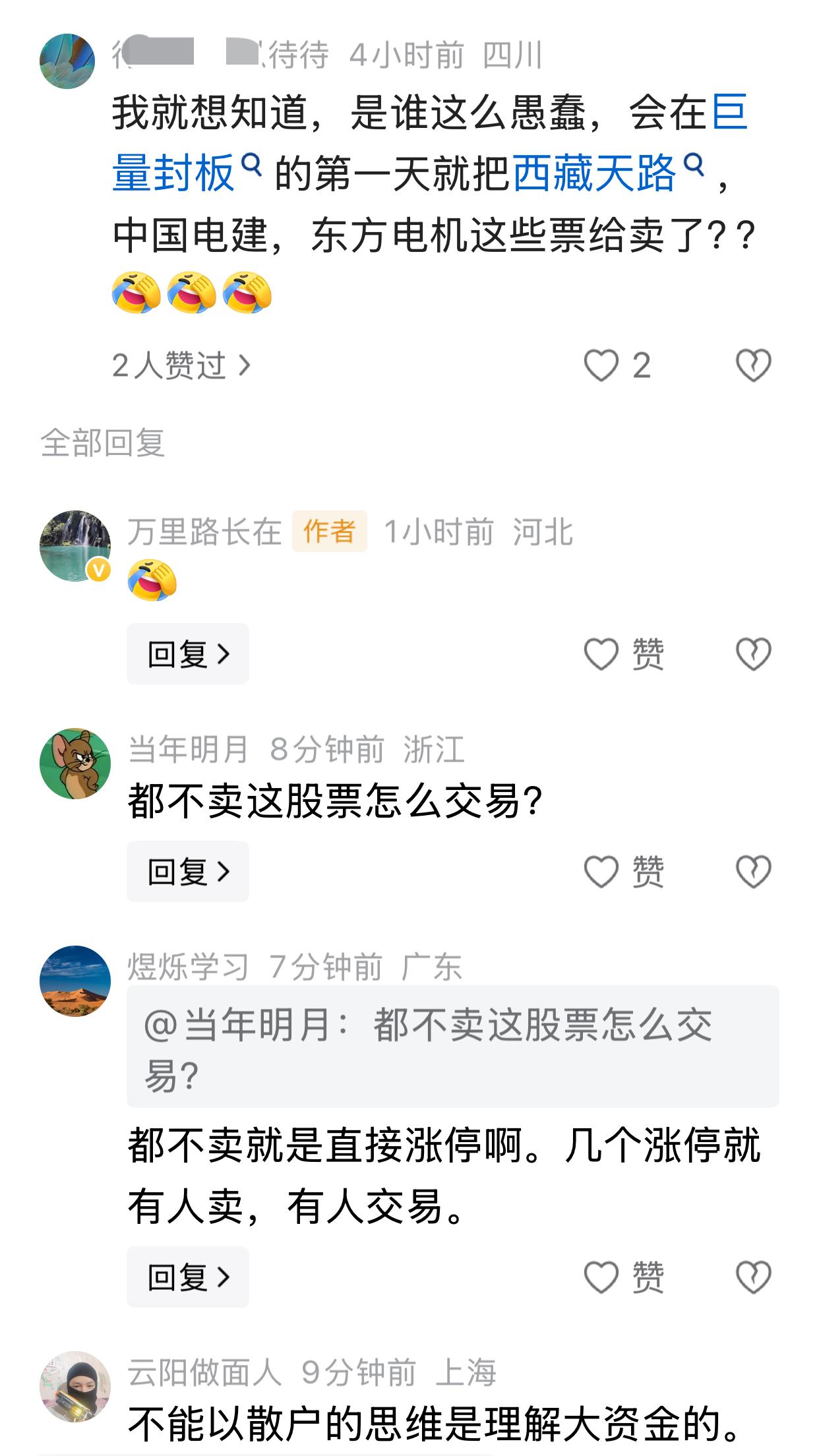 有人发帖说，我就想知道，是谁这么愚蠢，会在巨量封板的第一天就把西藏天路、中国电建