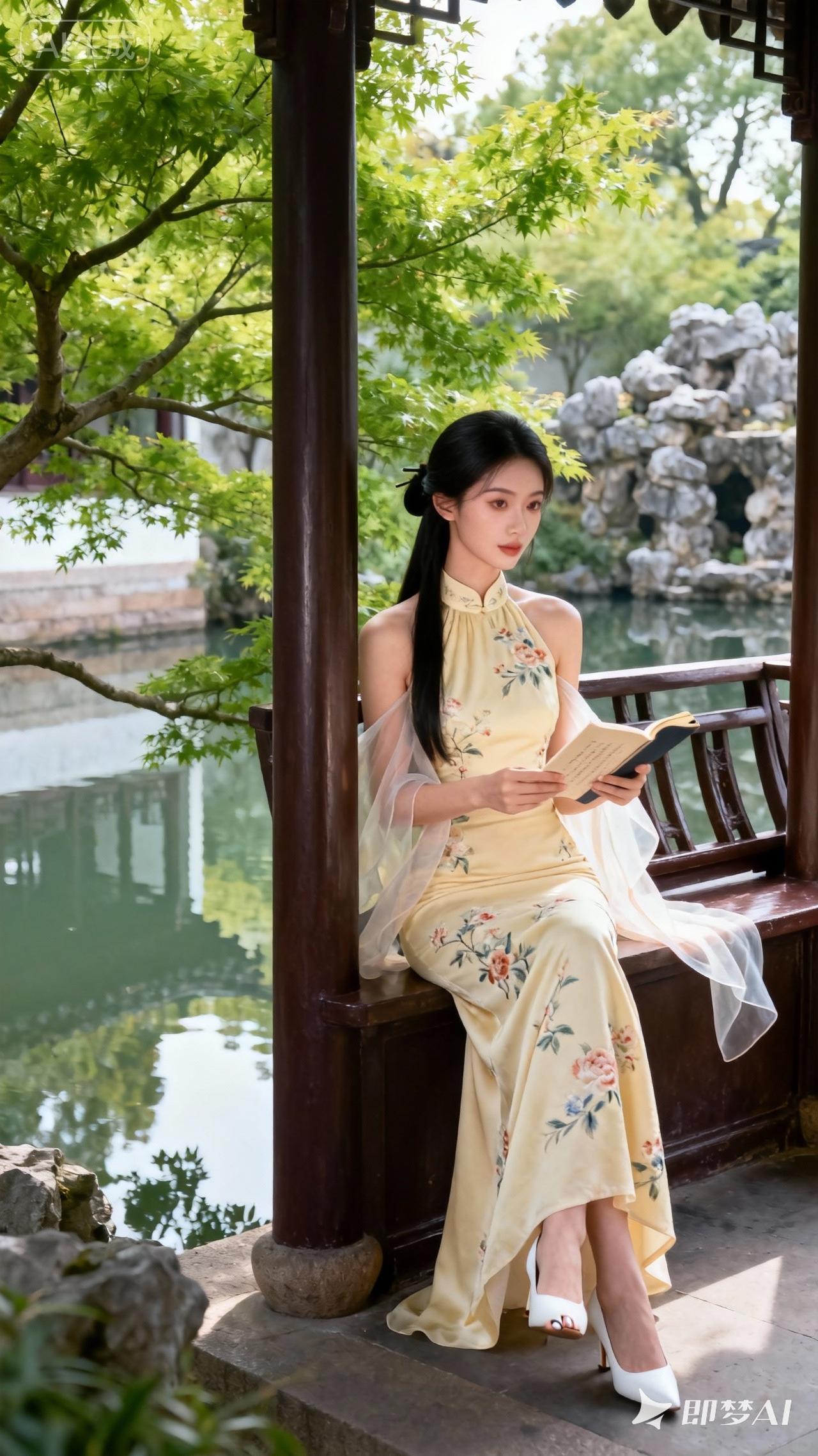 静坐亭中读，心随书卷远。