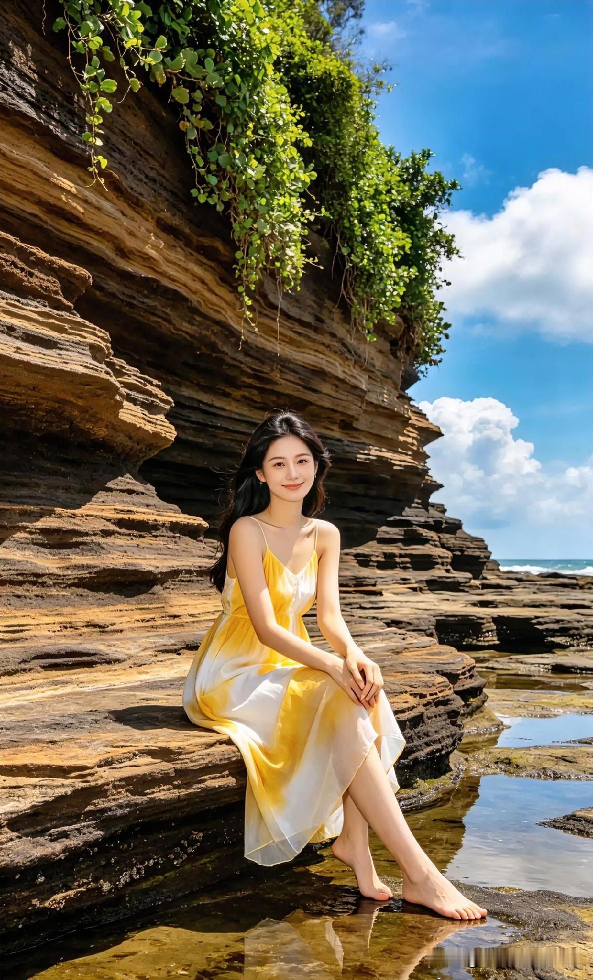 黄白长裙映岩层，海风轻拂赤足坐。碧海蓝天为背景，悠然自得尽显自然之韵。