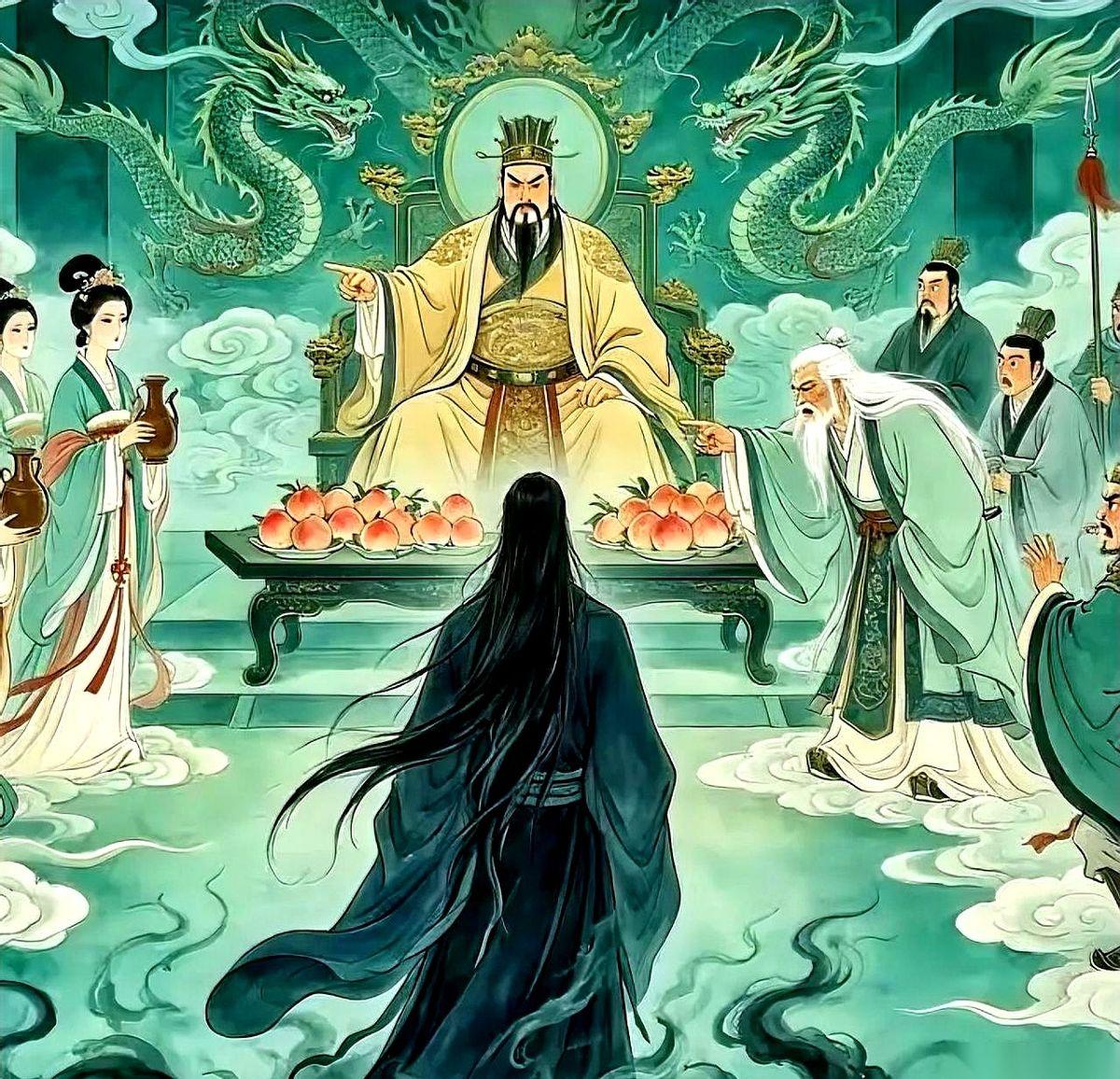 王母娘娘正给众仙倒酒，殿外的黑风直接把红蜡烛全吹灭了。一个穿黑袍的男人踩着步子