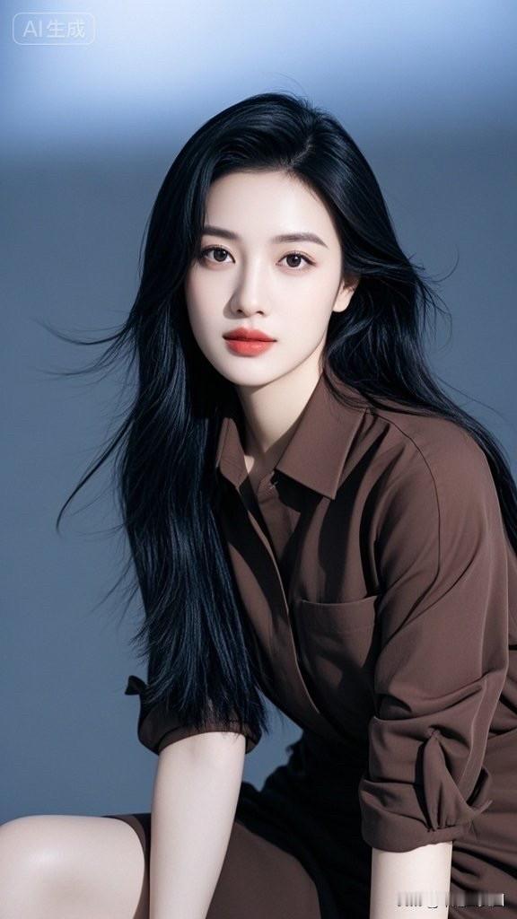 优雅黑裙，自信红唇，AI生成的完美女神