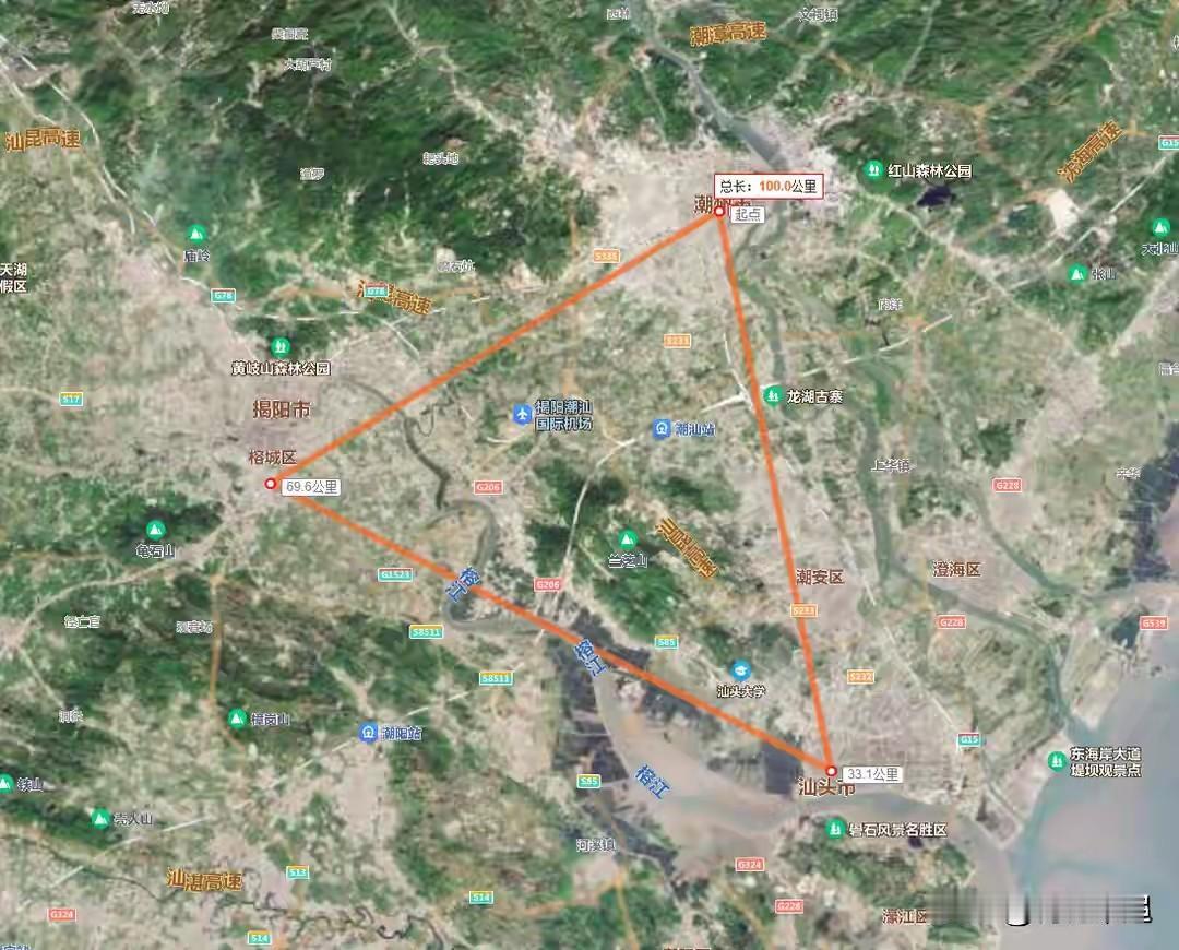 应该是揭阳➡潮州➡汕头潮汕揭都市圈主城区都挨得特别近，平均距离就三十三公里，一