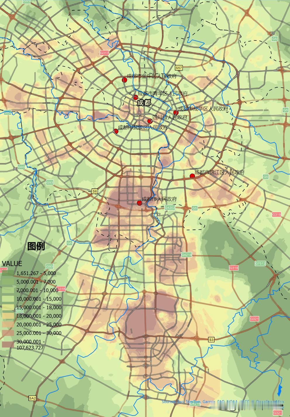 成都房价地图可视化分析根据某客2025年小区挂牌数据进行克里金差值分析，得出以