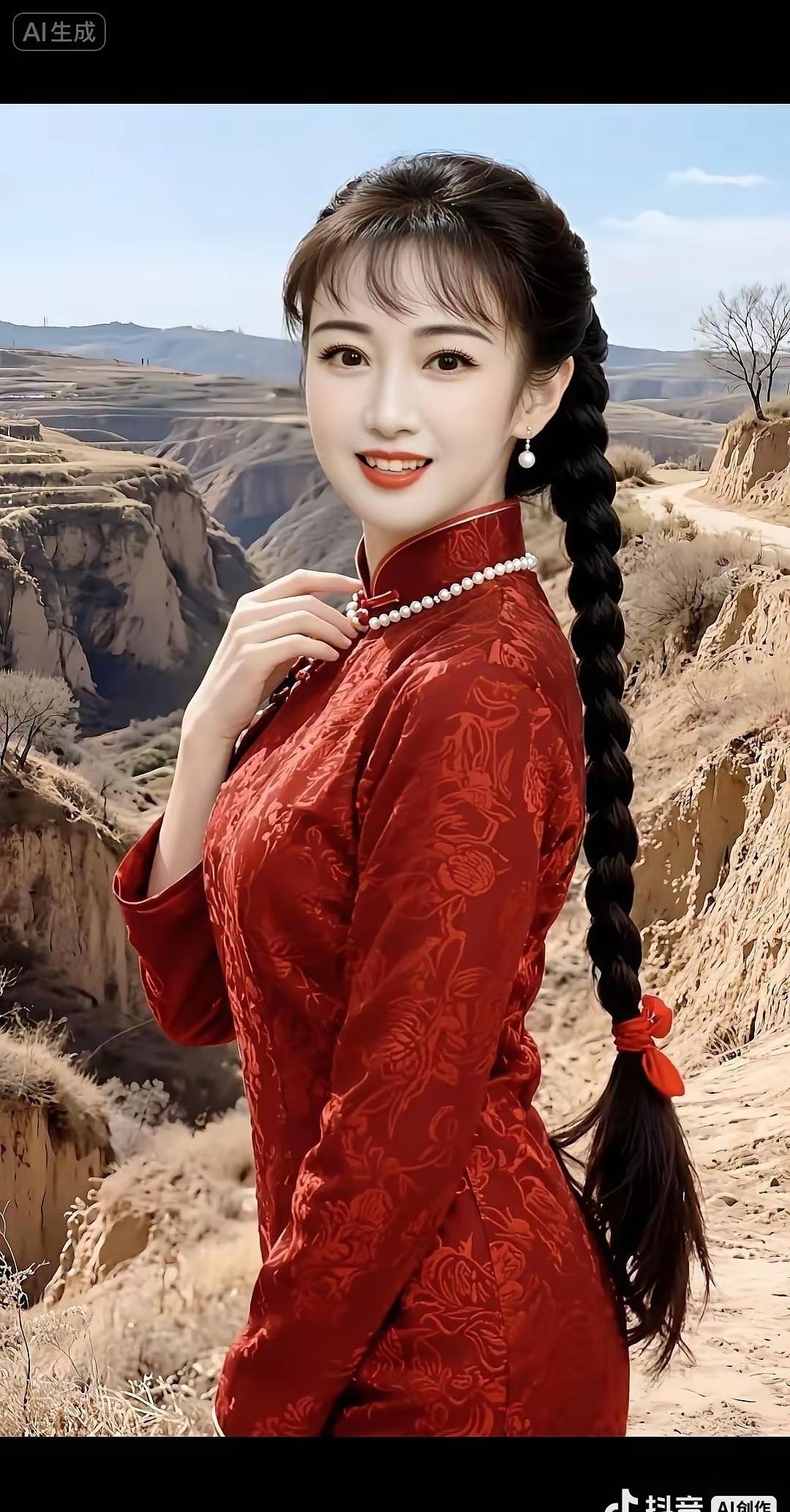 黄土高坡上的红衣美人，真是古风韵味十足，美得让人移不开眼。长辫垂肩随风轻荡，每一